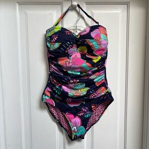 Anne Cole Black and Pink One Piece Tropical Swimsuit with Classic Cut Size 8